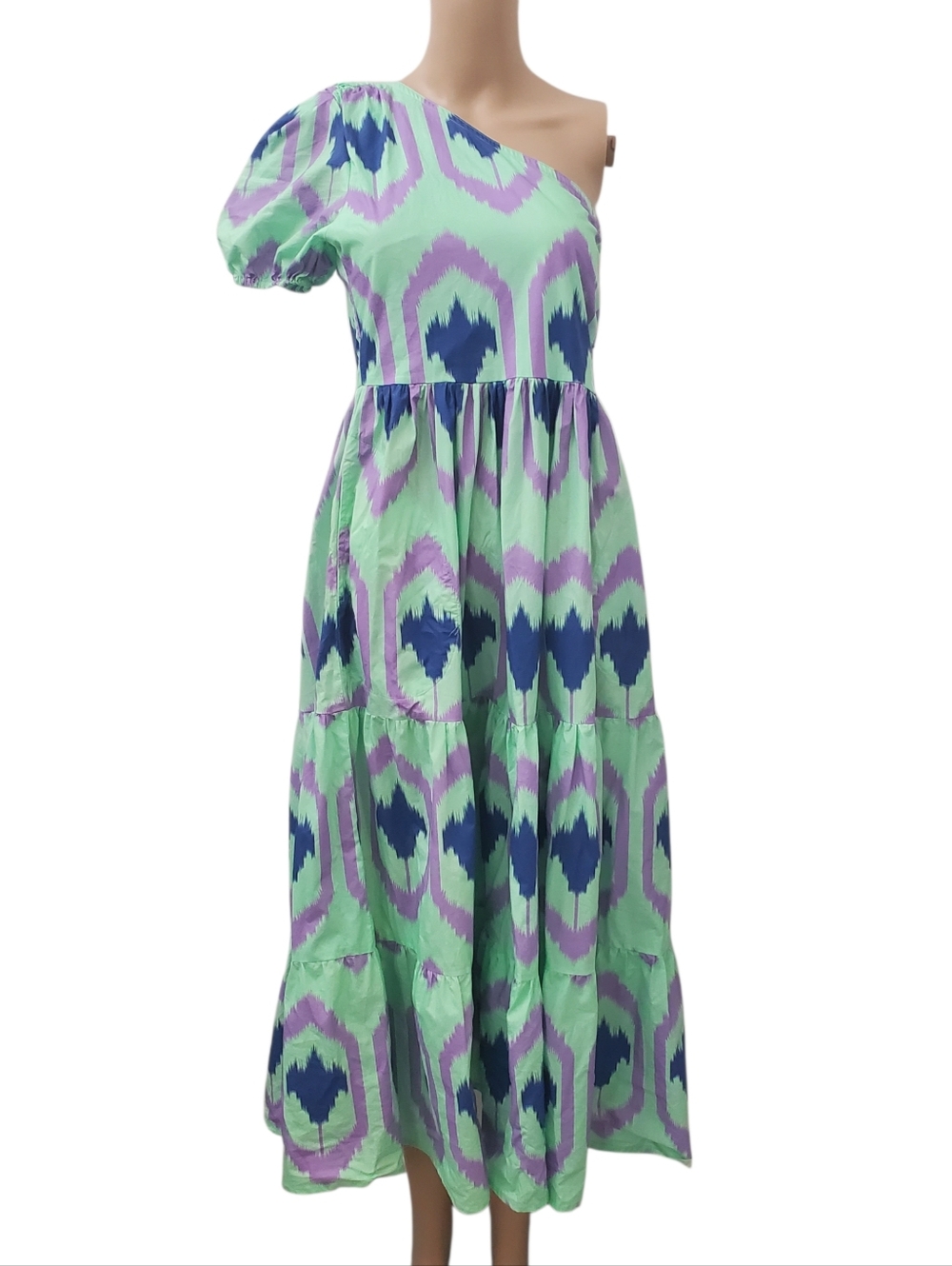 Tuckernuck Oliphant Mint Green Odisha Ikat Print One Shoulder Maxi Dress (XS)